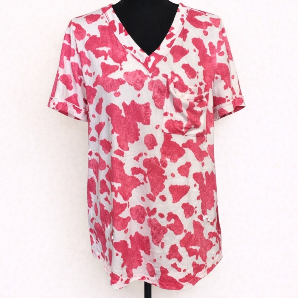 Lovely Melody Pink White Cow Print V-Neck Tee Size M NWOT